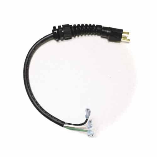 A black electrical power cord with a three-prong plug on one end and exposed wire terminals with connectors on the other, designed for industrial or appliance wiring applications.