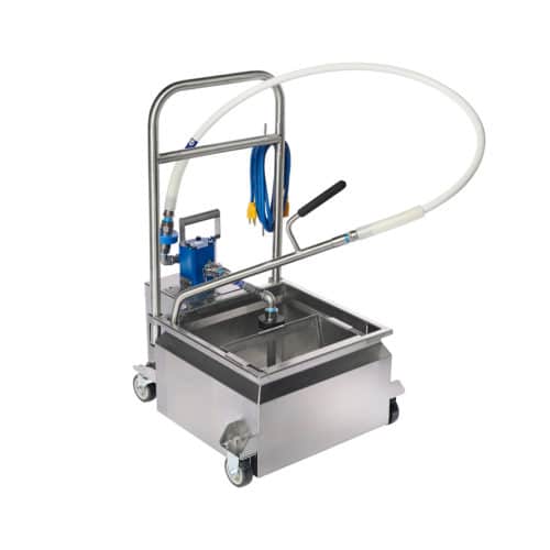 Industrial parts washer with stainless steel construction, equipped with a pump, hoses, and a mesh basket for efficient cleaning of machinery and components. The unit features mobility wheels for easy transport.