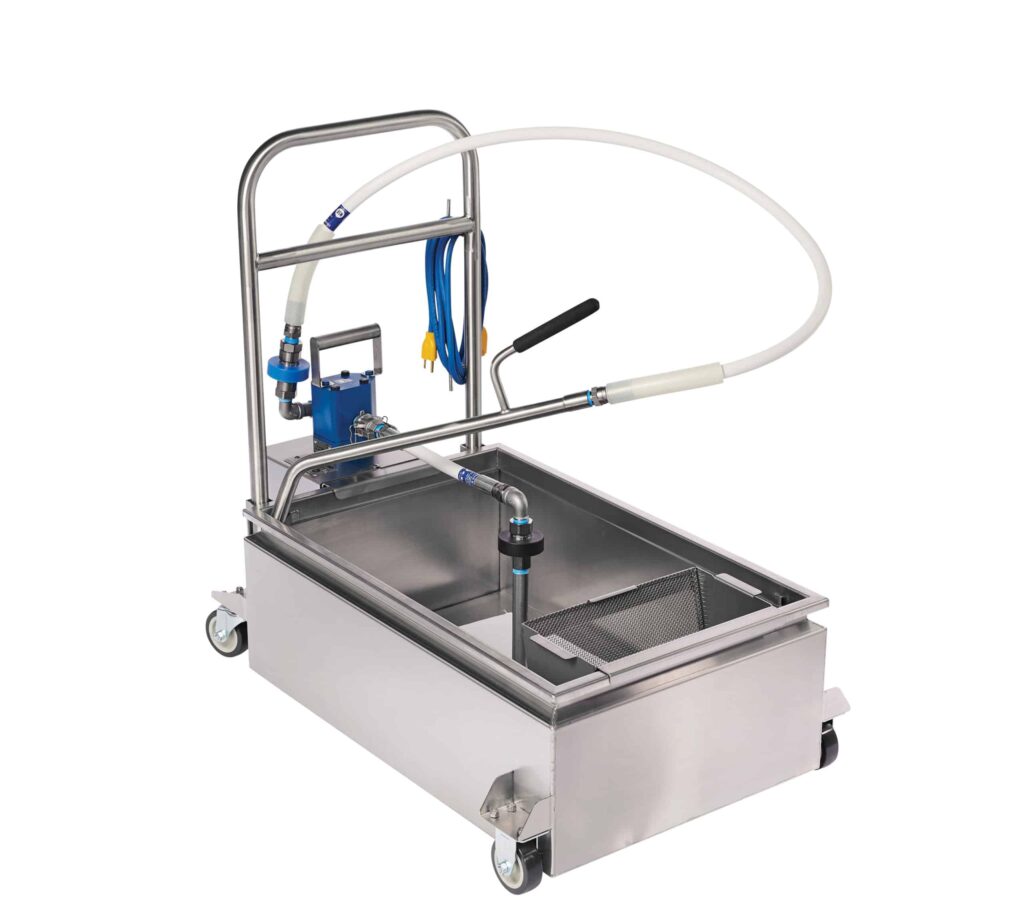 Industrial parts washer with stainless steel construction, equipped with a pump, hoses, and a mesh filter, designed for efficient cleaning of machinery components. Features wheels for mobility and a sturdy handle for easy maneuvering.