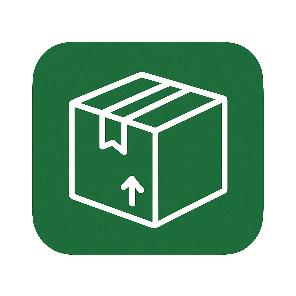 White outline illustration of a package box with an upward arrow on a green background, symbolizing shipping and delivery services.