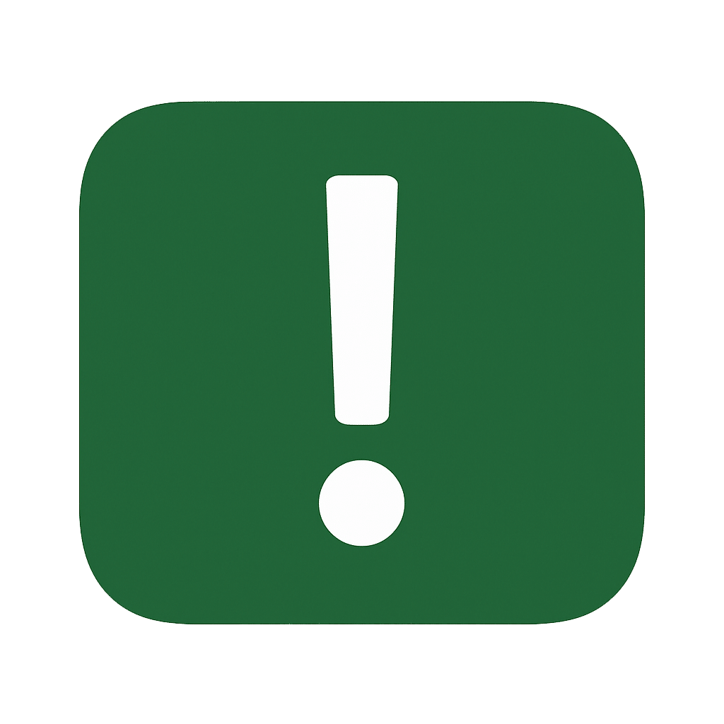 Green square icon featuring a bold exclamation mark and a dot, symbolizing alert or caution.